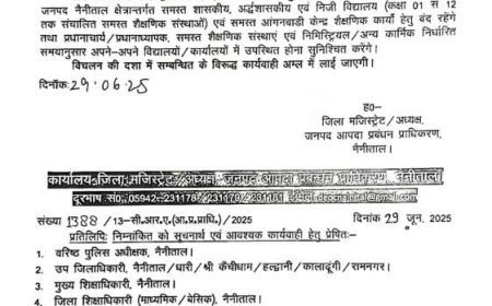 नैनीताल में भारी बारिश के लिए रेड अलर्ट, 30 जून को स्कूलों और आंगनबाड़ी केंद्रों में छुट्टी का ऐलान