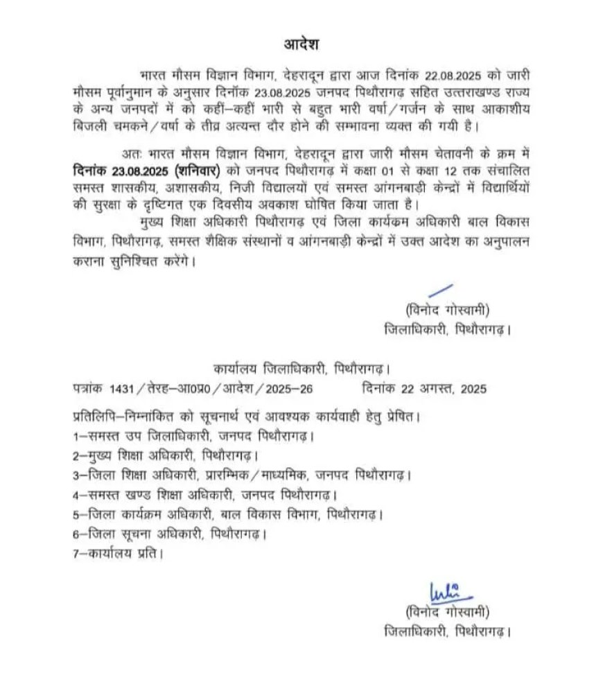 भारी बारिश के चलते इस जनपद मे छुट्टी के आदेश जारी।