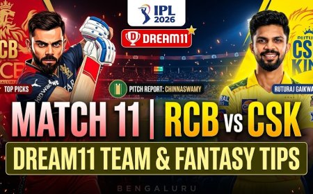 RCB बनाम CSK: आईपीएल 2026 का 11वां मैच - ड्रीम11 टीम, पिच रिपोर्ट और क्रिकेट टिप्स