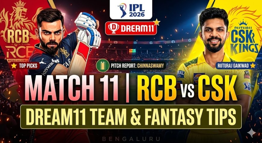 RCB बनाम CSK: आईपीएल 2026 का 11वां मैच - ड्रीम11 टीम, पिच रिपोर्ट और क्रिकेट टिप्स