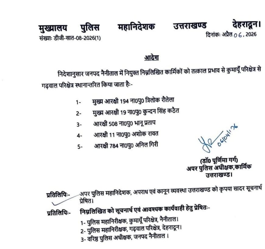 नैनीताल जिले की SOG में महत्वपूर्ण फेरबदल, पुलिस मुख्यालय के निर्देश पर हुए ट्रांसफर