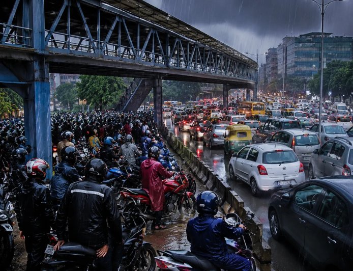 नोएटा में बारिश के दौरान जाम: फुटओवर ब्रिज के नीचे बाइकें, नागरिक जिम्मेदारी की बात