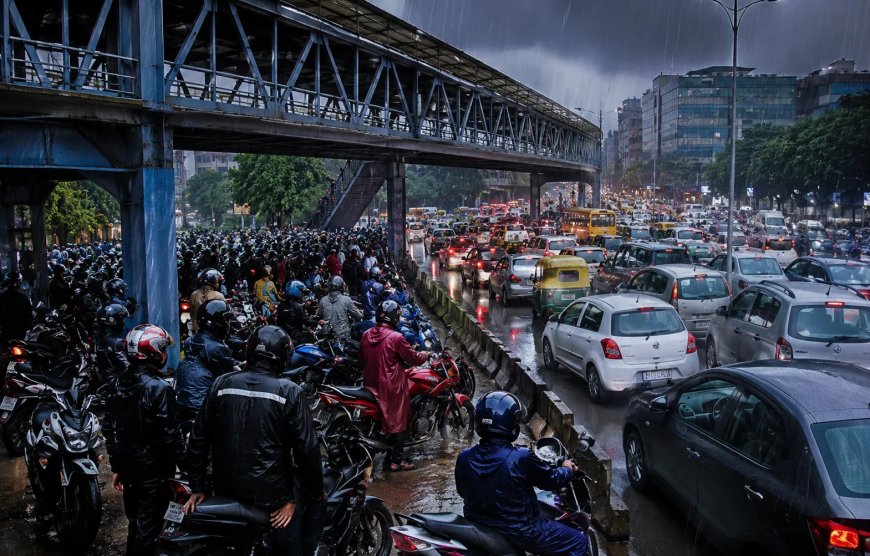 नोएटा में बारिश के दौरान जाम: फुटओवर ब्रिज के नीचे बाइकें, नागरिक जिम्मेदारी की बात