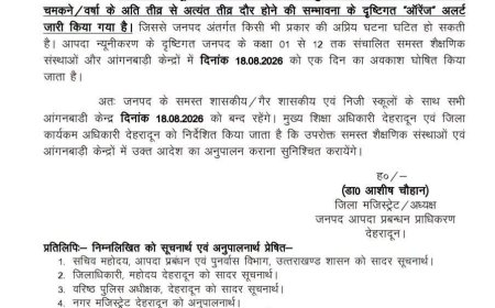 उत्तराखंड: देहरादून में कल की छुट्टी की घोषणा, भारी बारिश का अलर्ट