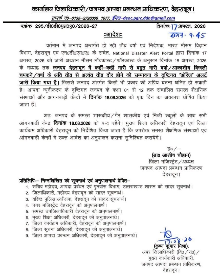 उत्तराखंड: देहरादून में कल की छुट्टी की घोषणा, भारी बारिश का अलर्ट